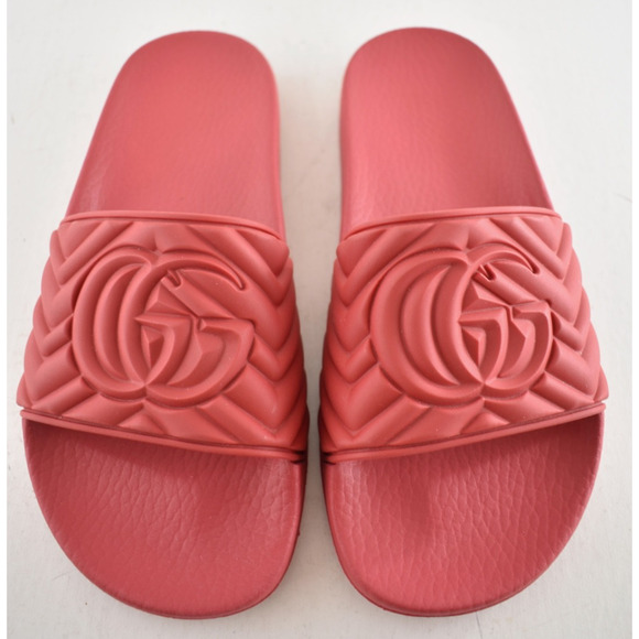 Gucci Deep Coral Red Rubber Quilted GG Logo Flat Pool Slide Slip On Sandal 36 - Picture 3 of 13